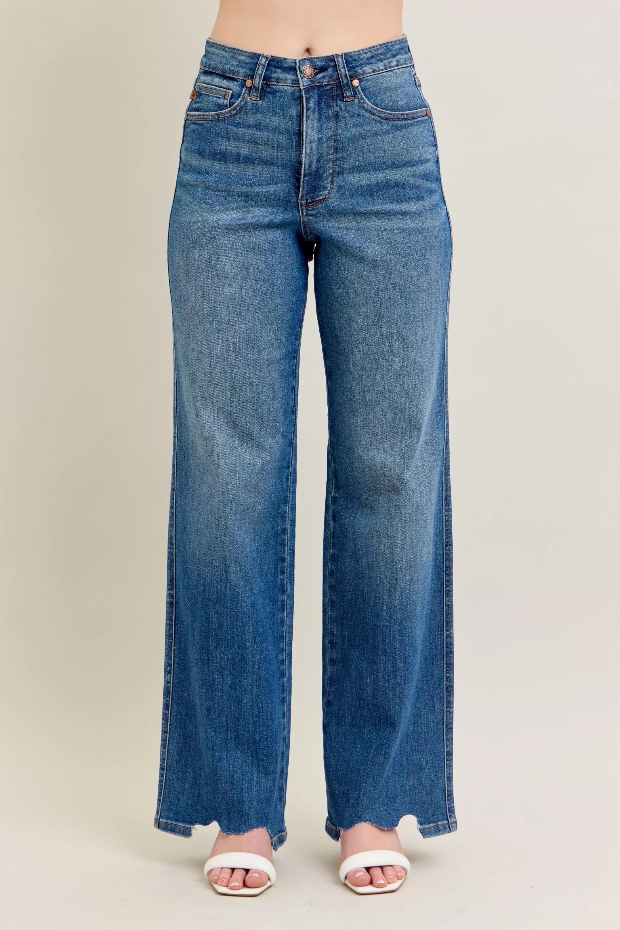 Full Size High Waist Tummy Control Chew Hem Destroy Wide Jeans Plus Size