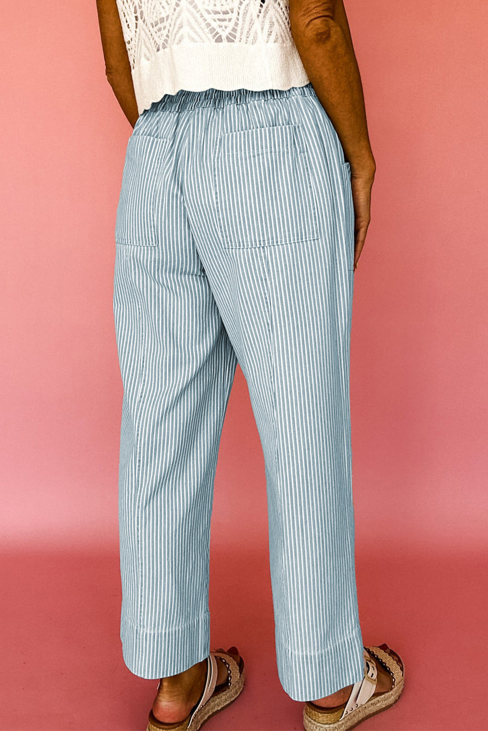 Sky Blue Stripe Mid Rise Drawstring Waist Jeans