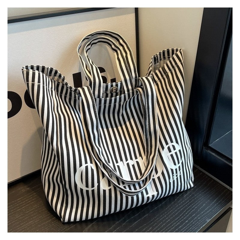 Striped Letter Canvas Tote Bag with Large Capacity