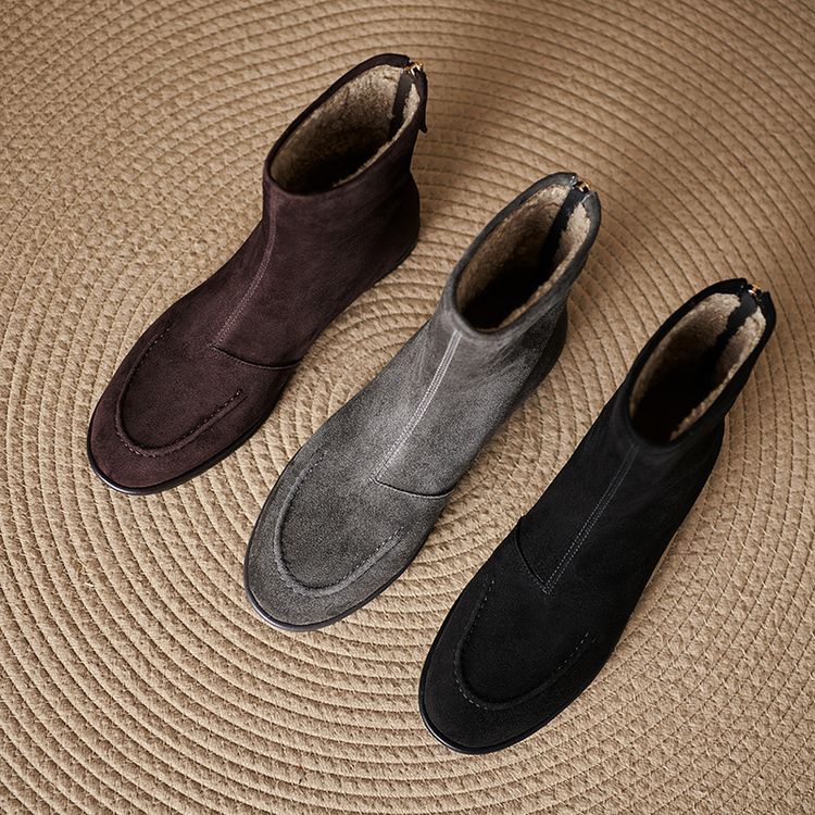Women's Fleece-Lined Suede Ankle Boots - Warm Winter Low Heel Round Toe Boots