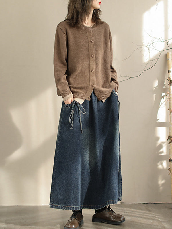 A-Line Loose Elasticity Pockets Tied Skirts Bottoms