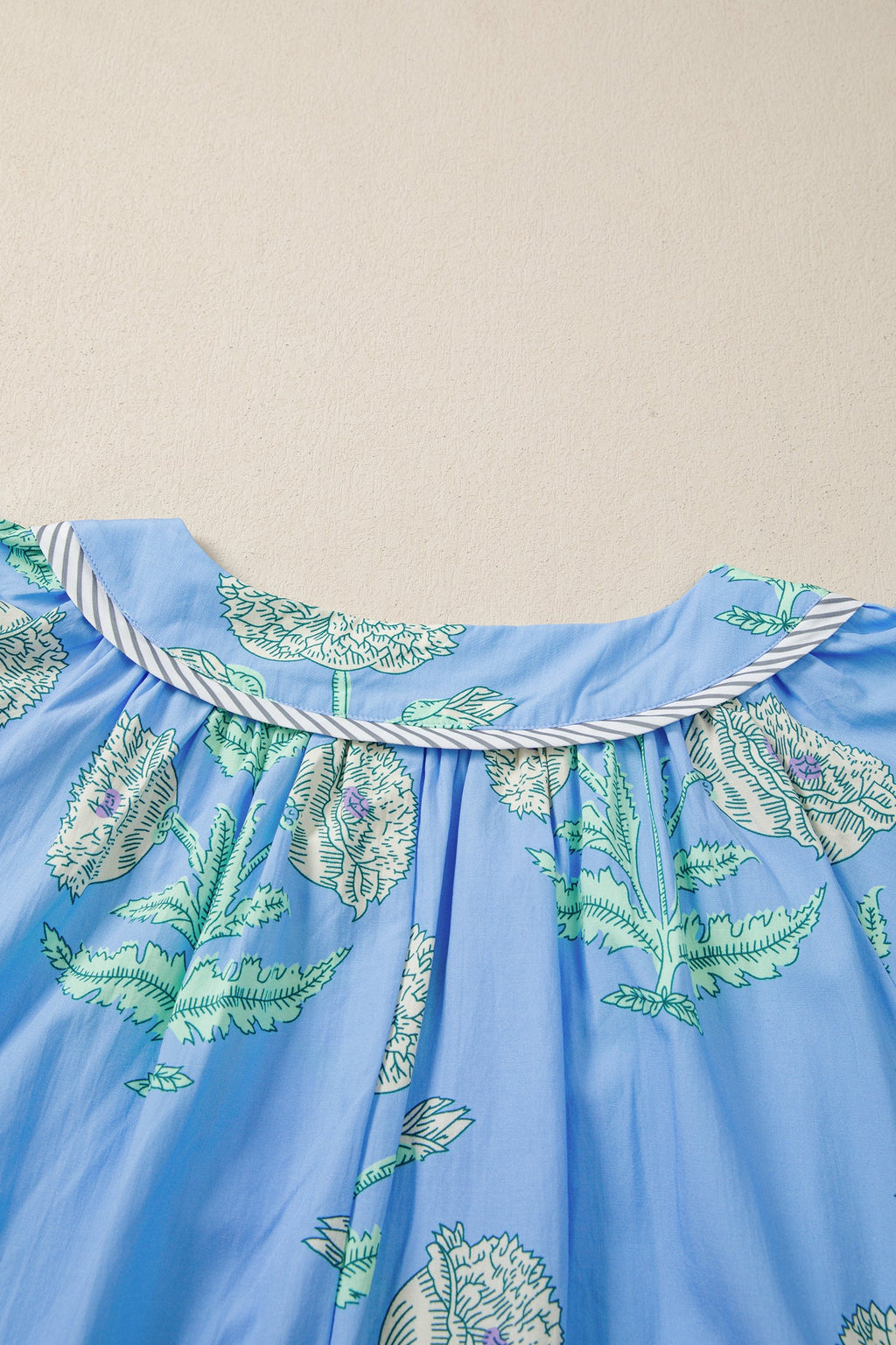 Sky Blue Plus Periwinkle Floral Printed Short Sleeve Striped Trim Split Neck Mini Dress