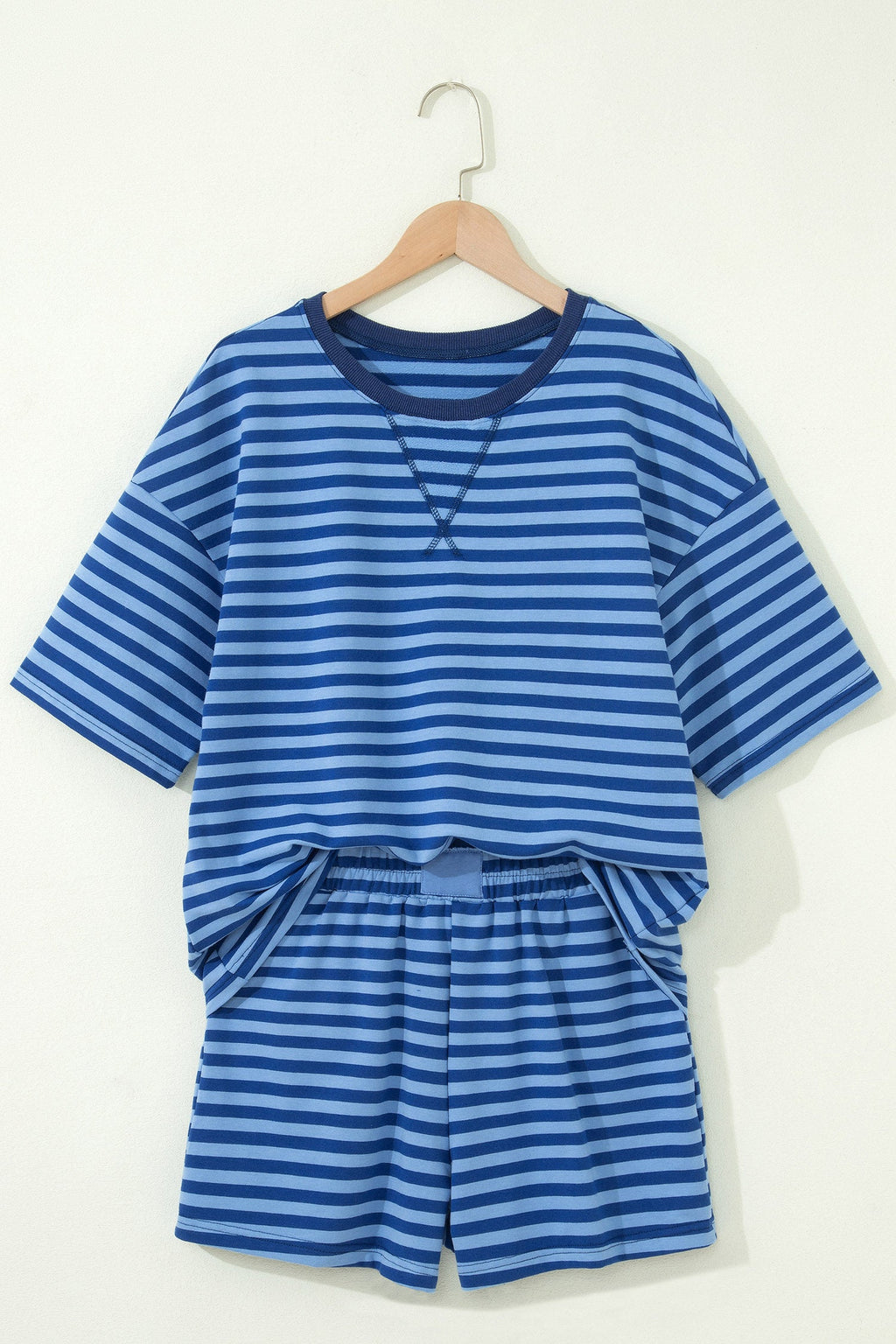 Blue Stripe Striped Ribbed Cotton Two-Piece Short Set with Chest Patch Detail