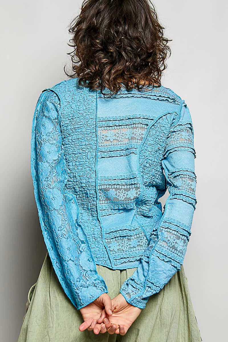 Round Neck Long Sleeve Exposed Seam Top with Lace Detail