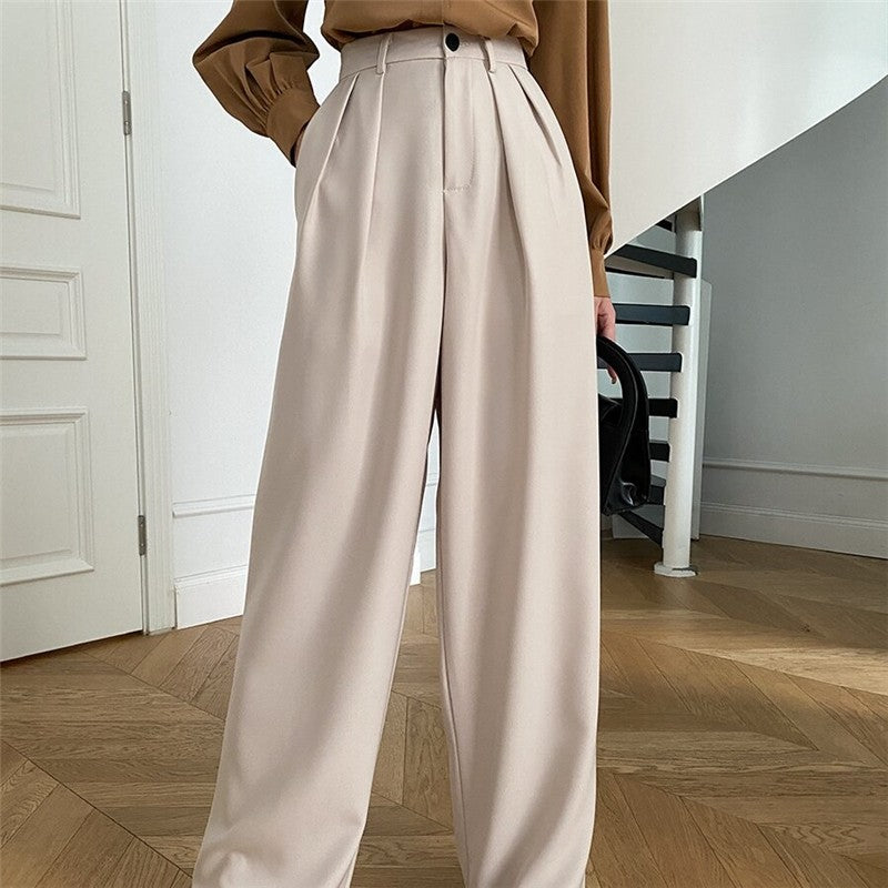 Wide-Leg Floor-Length Suit Trousers in Loose Solid Color