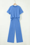 Sky Blue Solid Cover Oversize Tee Pocketed Casual Pants 2pcs Outfit