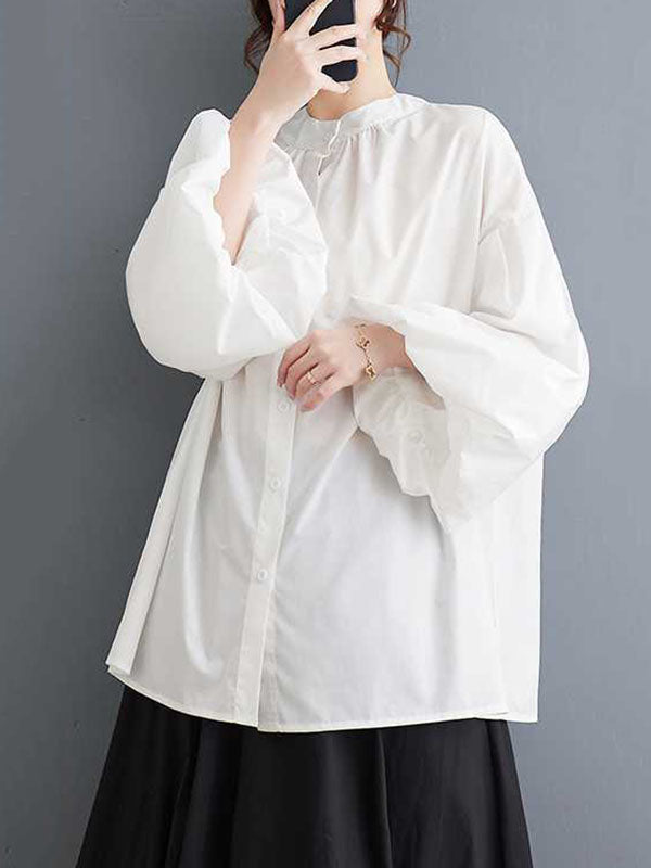 Loose Nine-Minute Sleeve Buttoned Hollow Pleated Solid Color Round-Neck Blouses&Shirts Tops