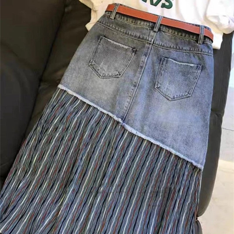 Denim Patchwork High Waisted A-Line Skirt