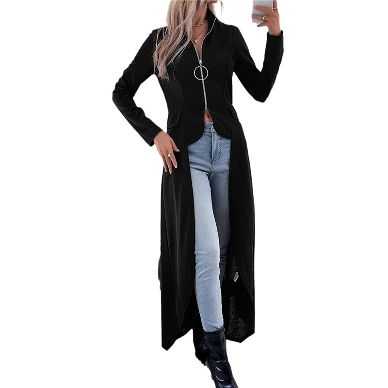Solid Color Long Sleeve Half Turtleneck Zipper Irregular Outerwear