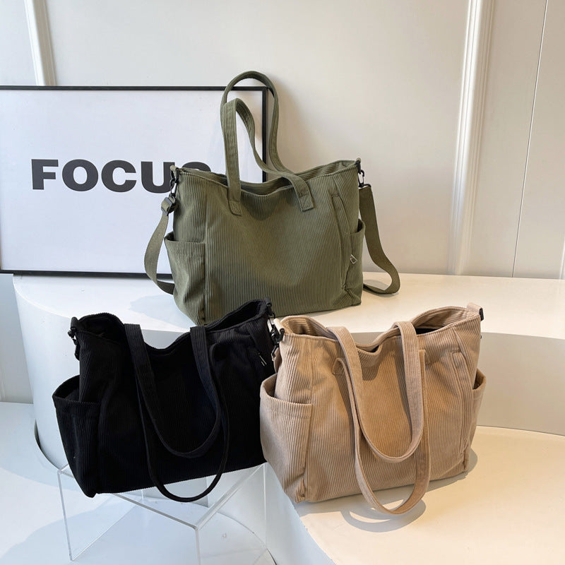 Large Capacity Corduroy Crossbody Bag – Casual Commuter Bucket Bag for Women