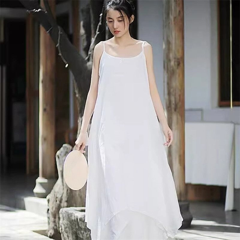 Hem Double-Layer Solid Color Sling Dress with Irregular Design