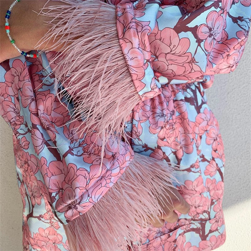 Long Sleeve Ostrich Print Shorts Pajama Set