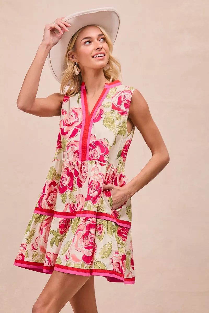 Floral Woven Contrast Edge Tiered Ruffle Mini Dress