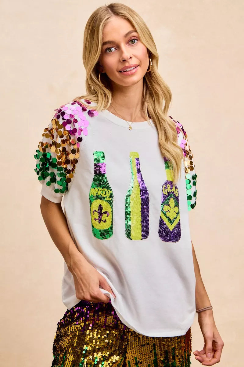 Sequin Mardi Gras Bottles Spangled Sleeve Top