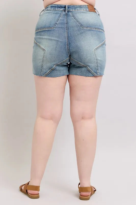 Full Size High Waist Star Seam Detail Denim Shorts Plus Size