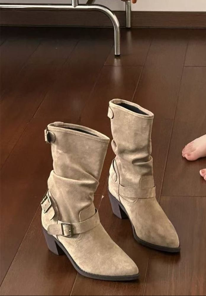 Women's Chunky Heel Pleated Suede Booties | Buckle Strap High Shaft Boots