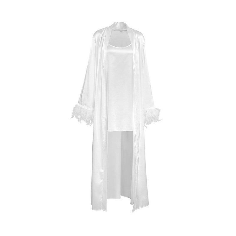 Spaghetti Strap Mini Dress with Belt and Feather Long Sleeve Outerwear - Two-Piece Pajama Set