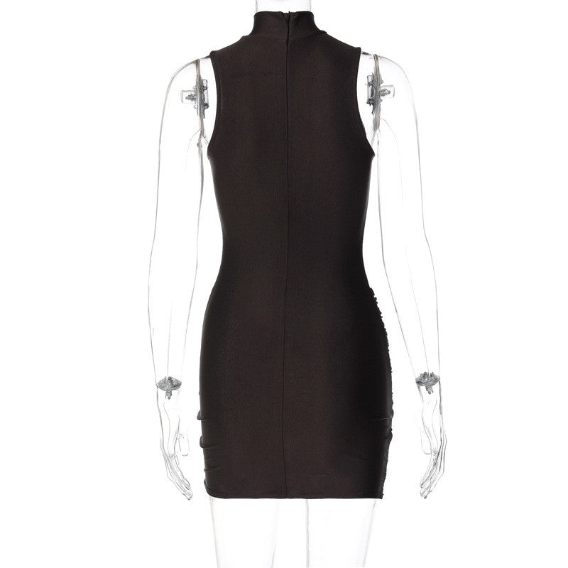 Solid Color Zippered Stand Collar Bodycon Skirt with Pleats