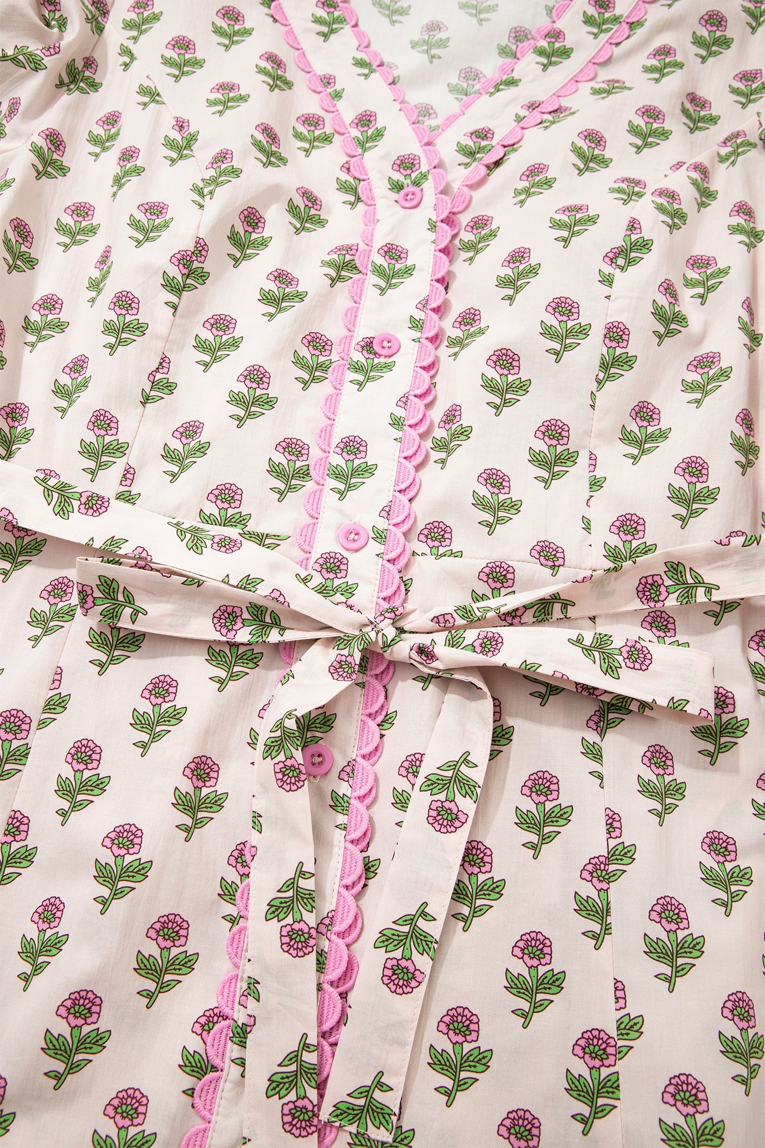 Pink Floral Print V Neck Scallop Trim Button Front Short Sleeve Long Dress