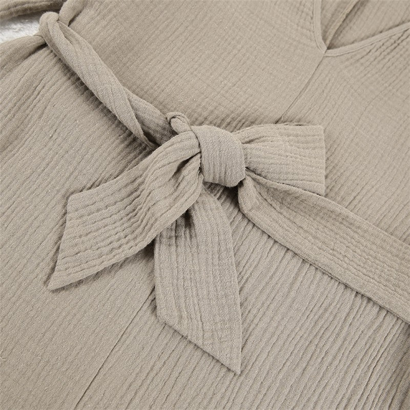 Deep V-Neck Long Sleeve Romper with Shorts in White