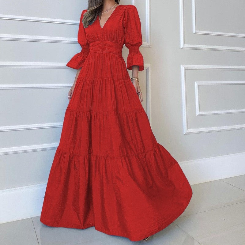 Chic Solid V-Neck Long Sleeve Midi Dress