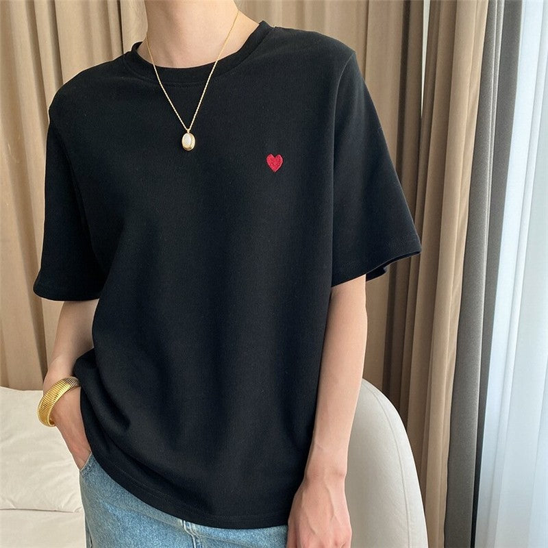 Embroidered Love Heart Casual Short Sleeve T-Shirt