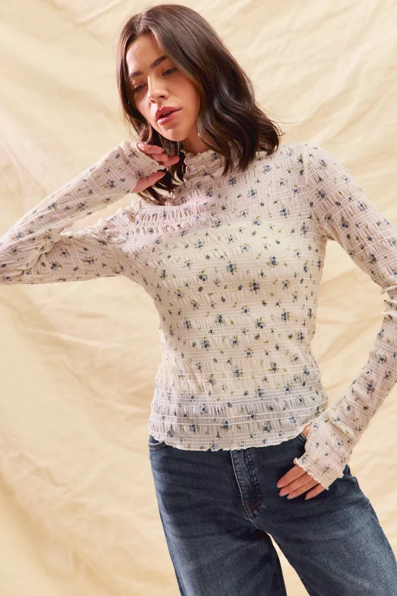 Floral Print Textured Long Sleeve Knit Top
