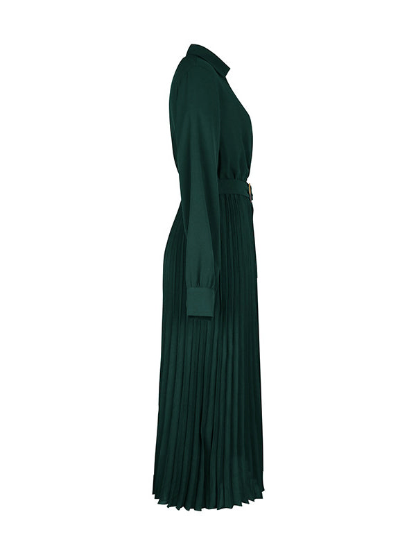 A-Line Long Sleeves Belted Buttoned Pleated Lapel Midi Dresses