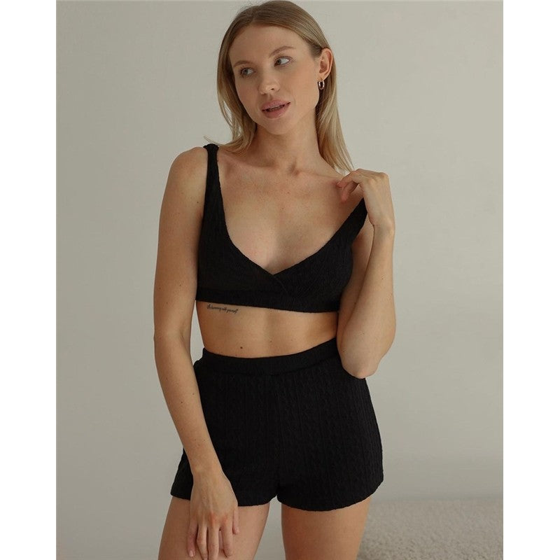 Knitted Bralette, Waist-Tied Cardigan, and Shorts Set - Solid Color Loungewear