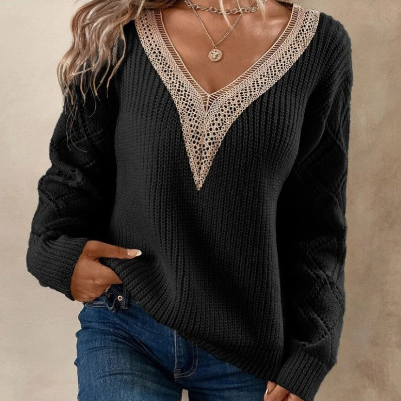 Loose Fit V-Neck Solid Color Knit Sweater
