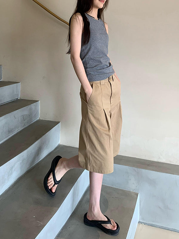 High Waisted Loose Pleated Solid Color Half Pants Shorts Bottoms