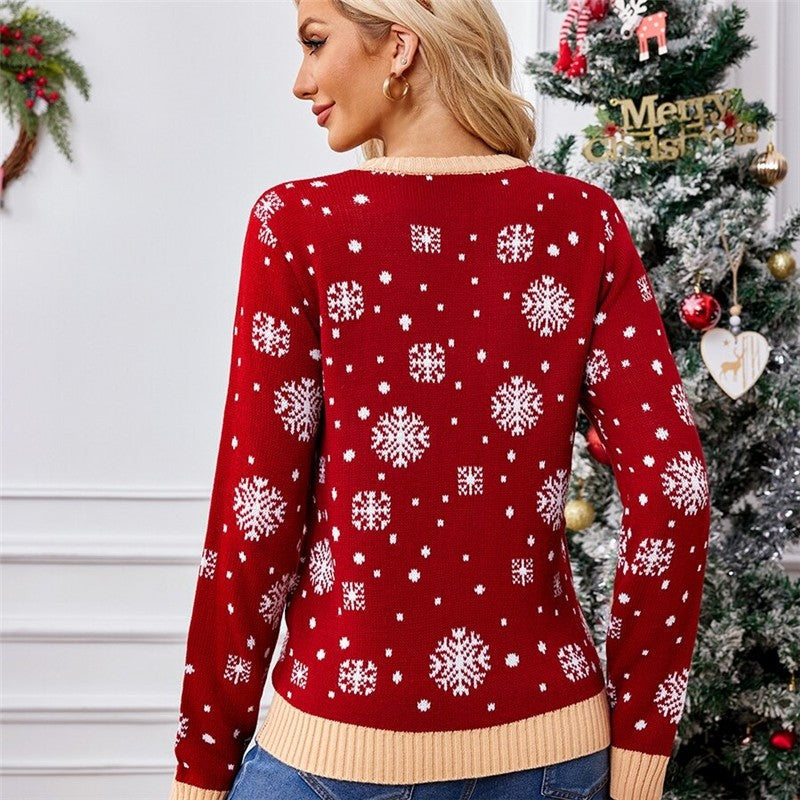 Fashionable Red Snowflake Christmas Pullover Sweater