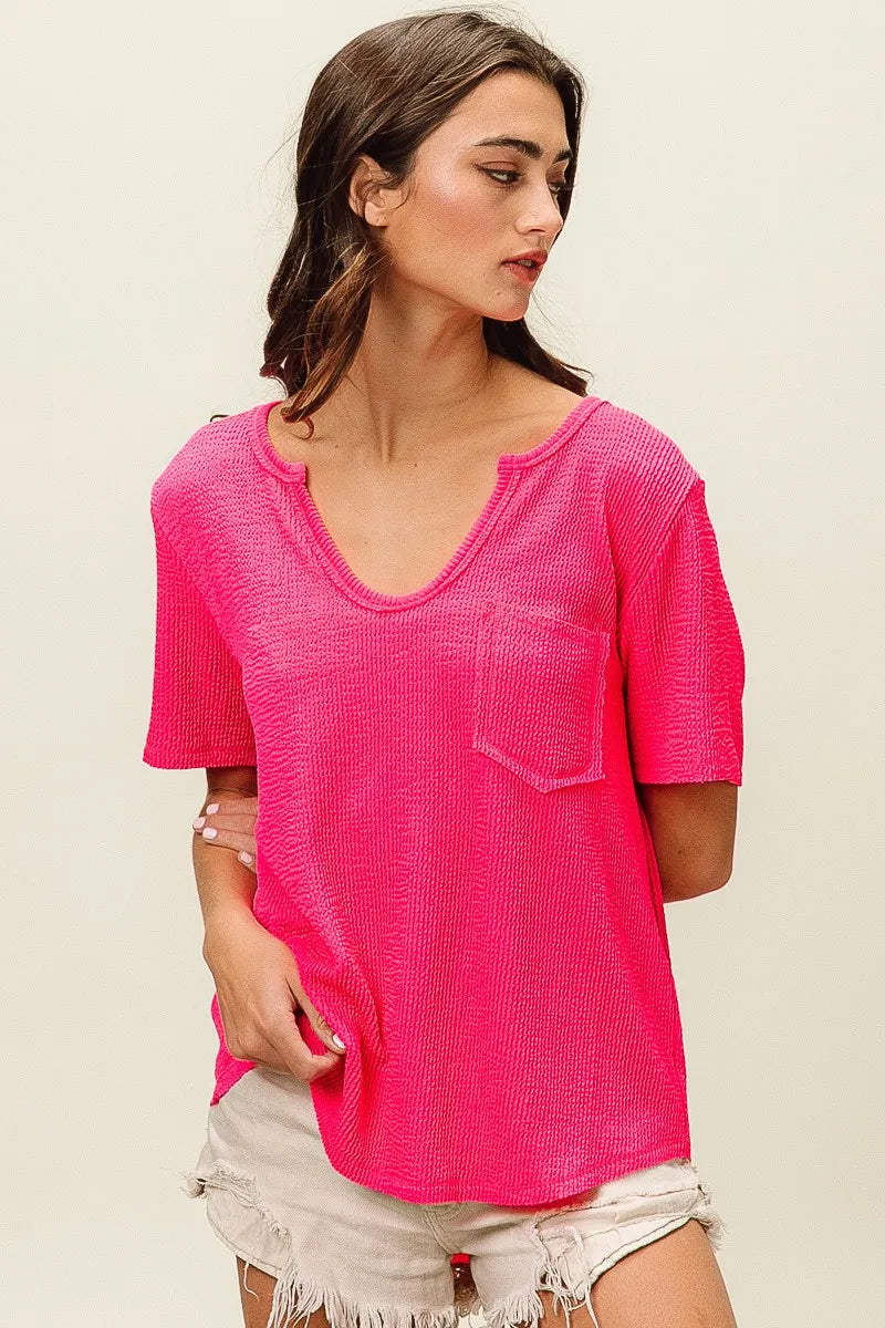 Waved Rib U Neck Top With Front Pocket