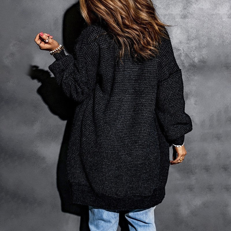 Oversized Solid Color Long Knit Sweater With Fleece Lining