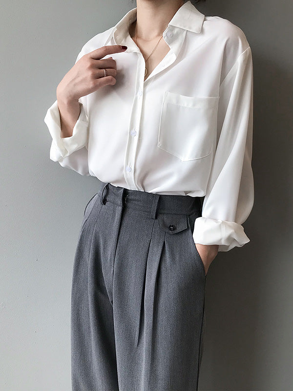 Urban Solid Color Lapel Long Sleeves Blouse