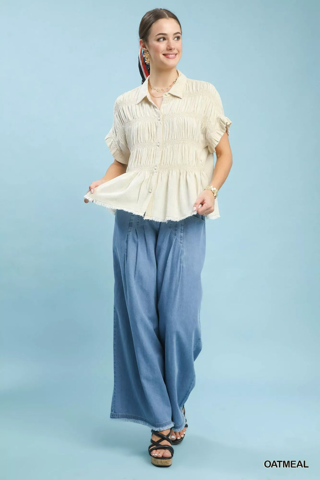 Washed Linen Blend Smocked Shirt