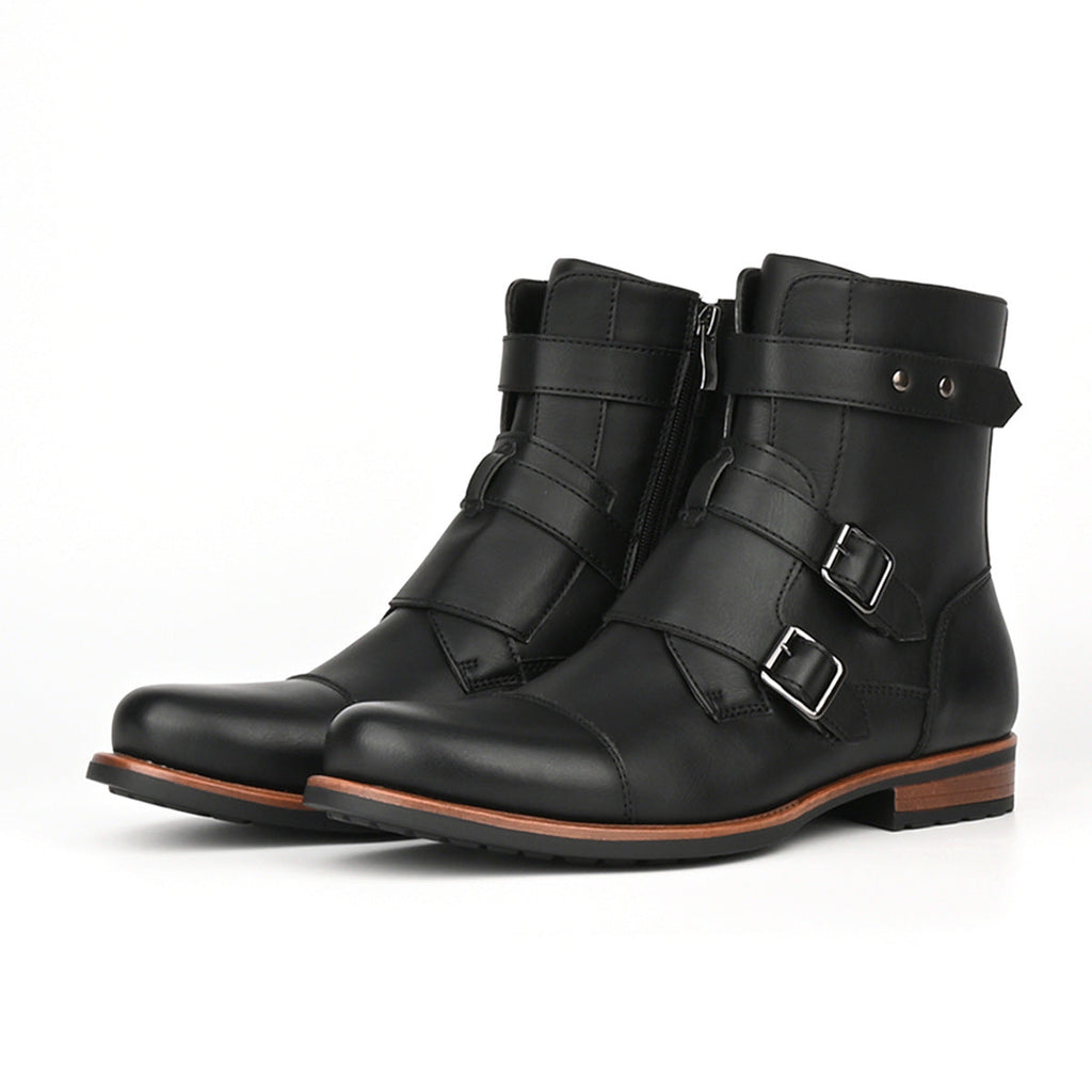 Men's Vintage Denim Boots | Metal Buckle Side-Zip Low Heel – Black & Brown