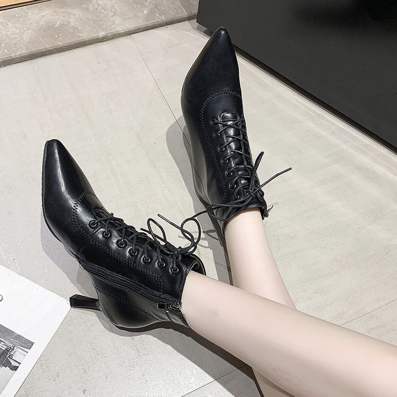 Women's Pointed-Toe Stiletto Ankle Boots - Mid Heel PU Leather Side Zipper Boots