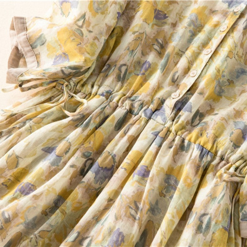 Linen Dress Mid Length Pleated Loose Organ