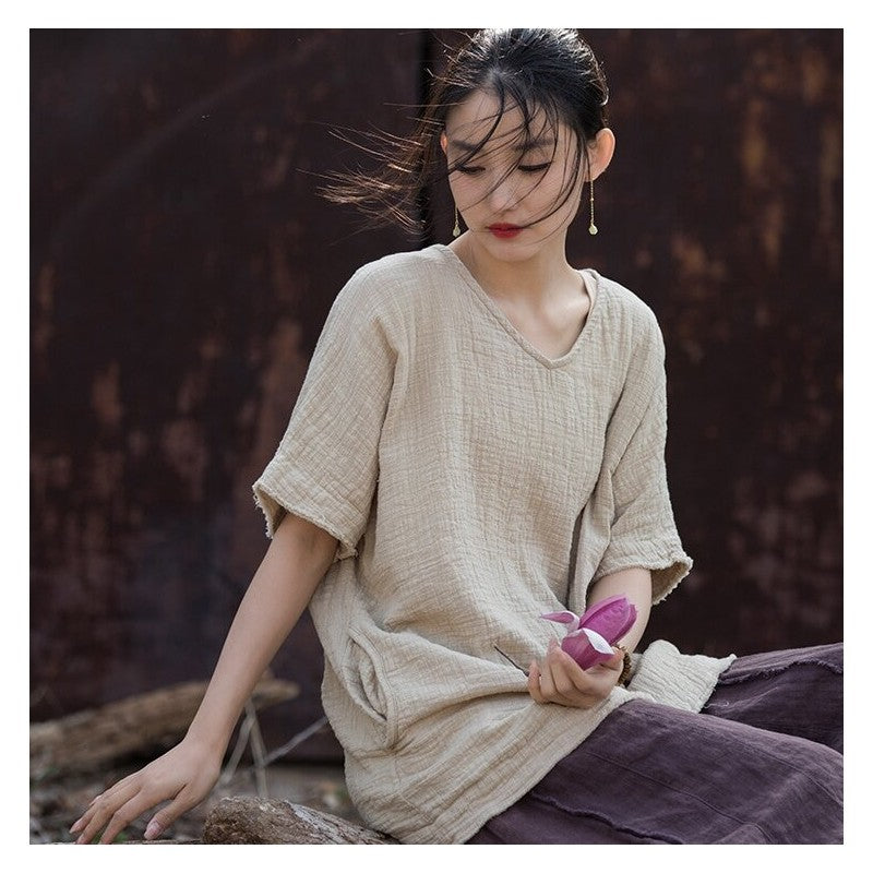 Solid Color Double-Layer Bamboo Joint Literary All-Match T-Shirt