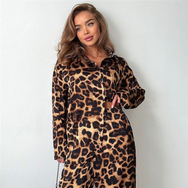 Leopard Print Long Sleeve Top and Trousers Ensemble