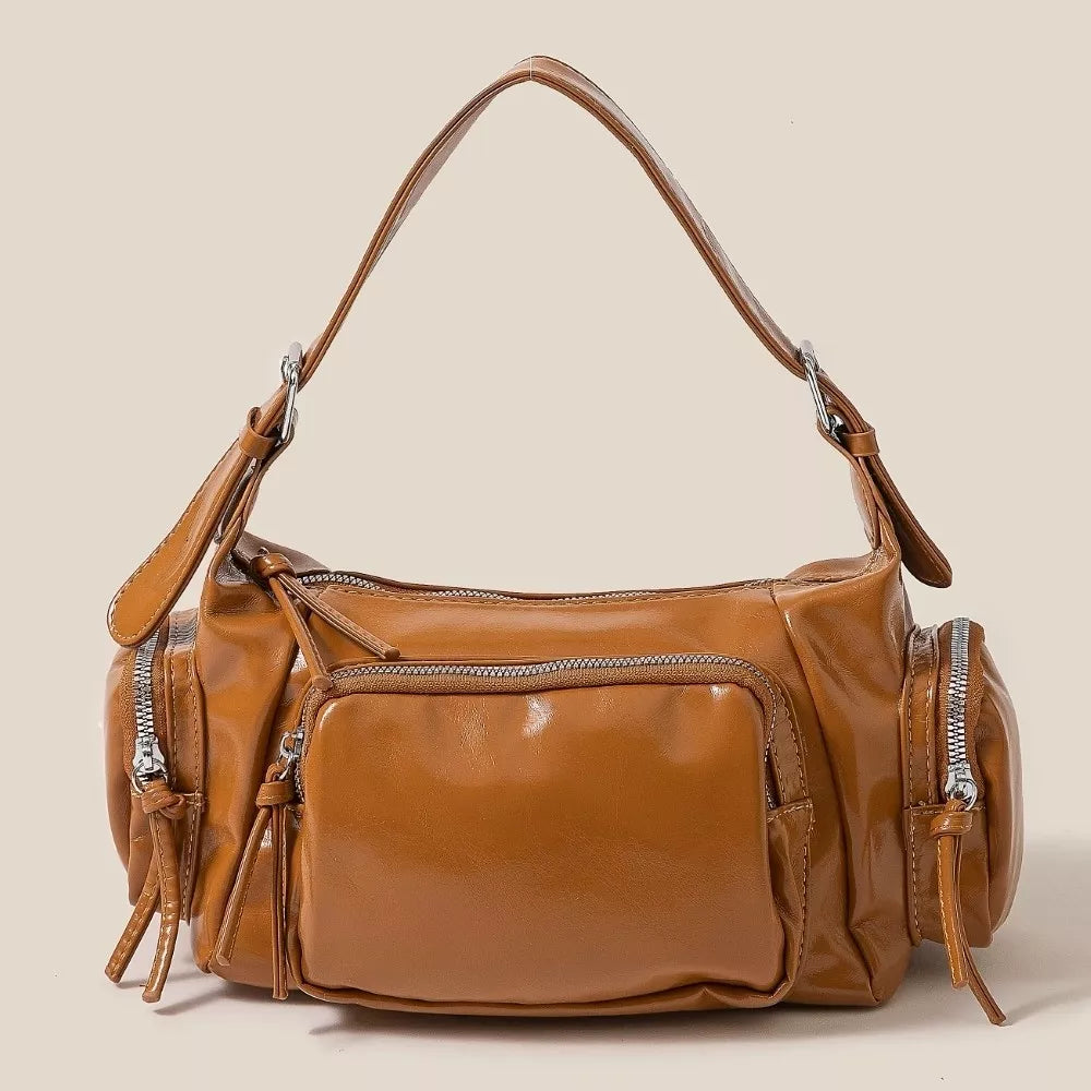 Glossy Faux Leather Multi Pocket Hand Bag