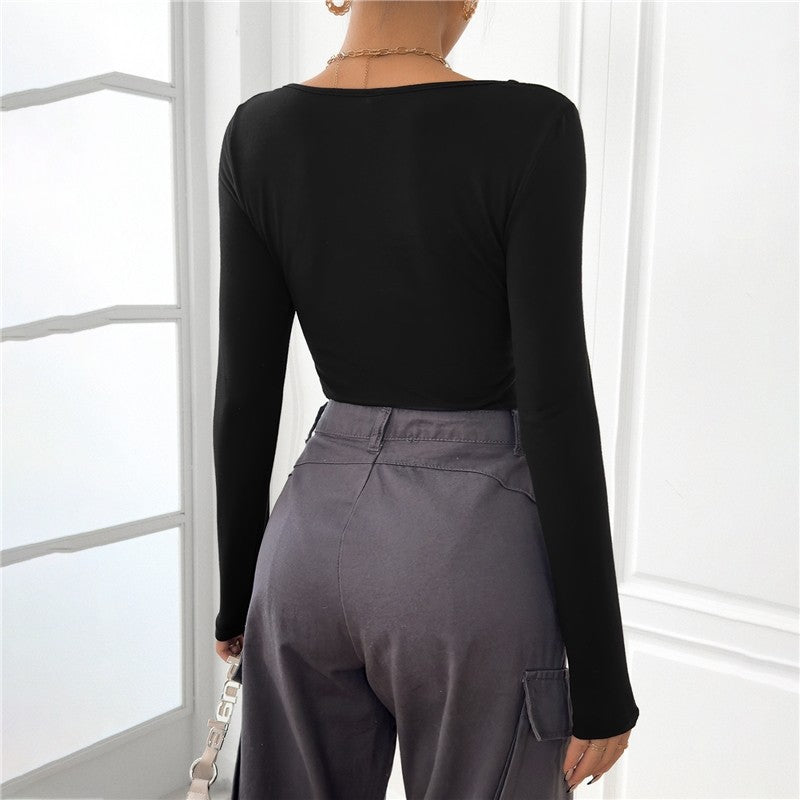 Square Neck Long Sleeve Solid Color Bodysuit Rompers