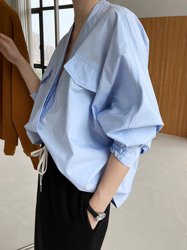 Trendy Batwing Sleeves Solid Color V-Neck Blouses