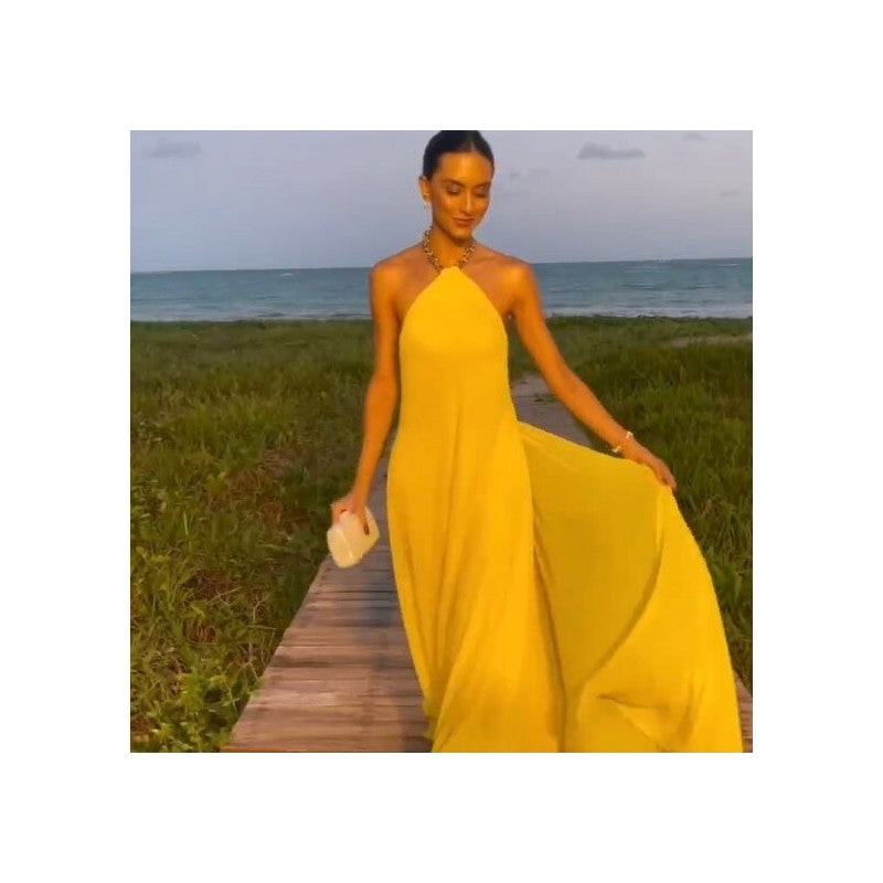 Halter Neck Swing Backless Dress in Solid Color
