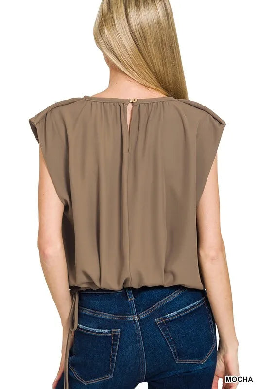 Woven Drawstring Tie Side Sleeveless Top