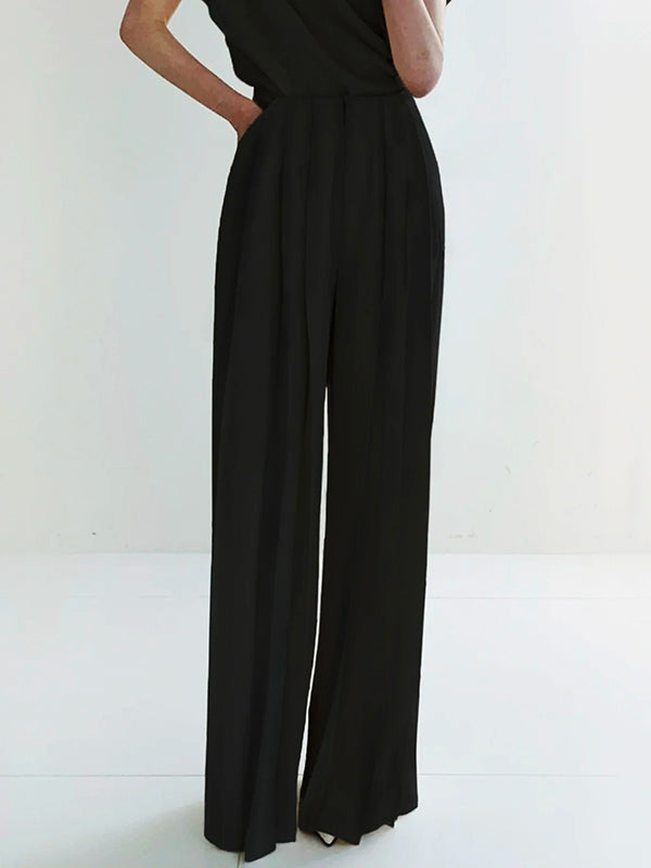 Solid Color High-Waisted Wide-Leg Pleated Urban Pants