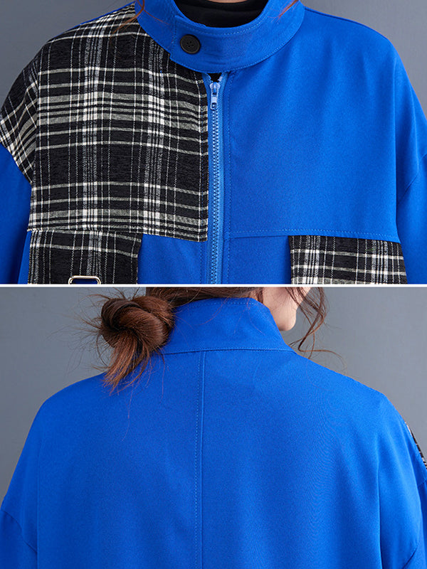 Original Long Sleeves Loose Contrast Color Plaid Split-Joint Zipper Stand Collar Outerwear
