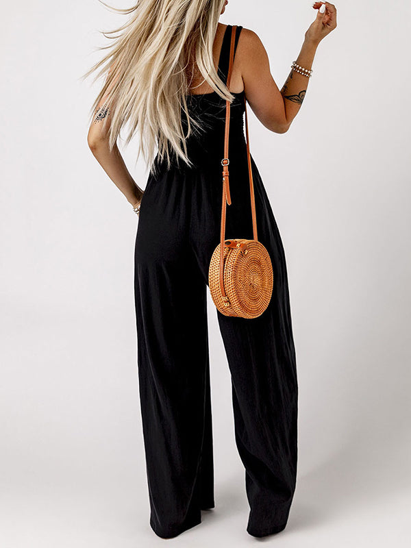 Sleeveless Wide Leg Pleated Solid Color Square-Neck Jumpsuits