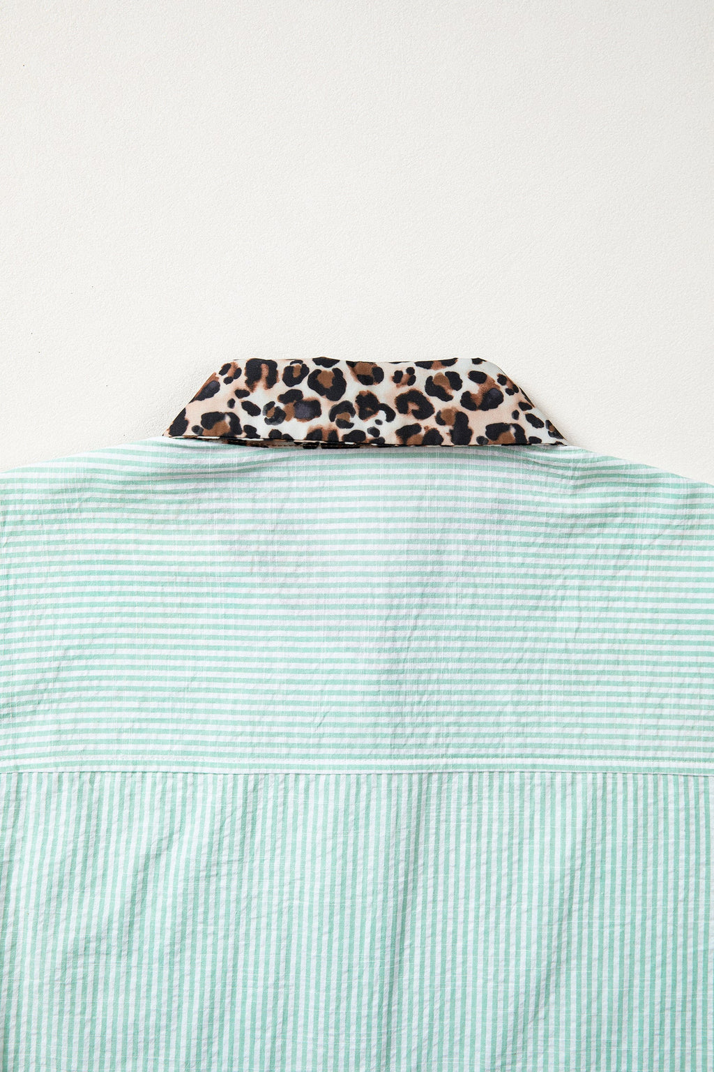 Green Stripe Leopard Contrast Collar Short Sleeve Shirt